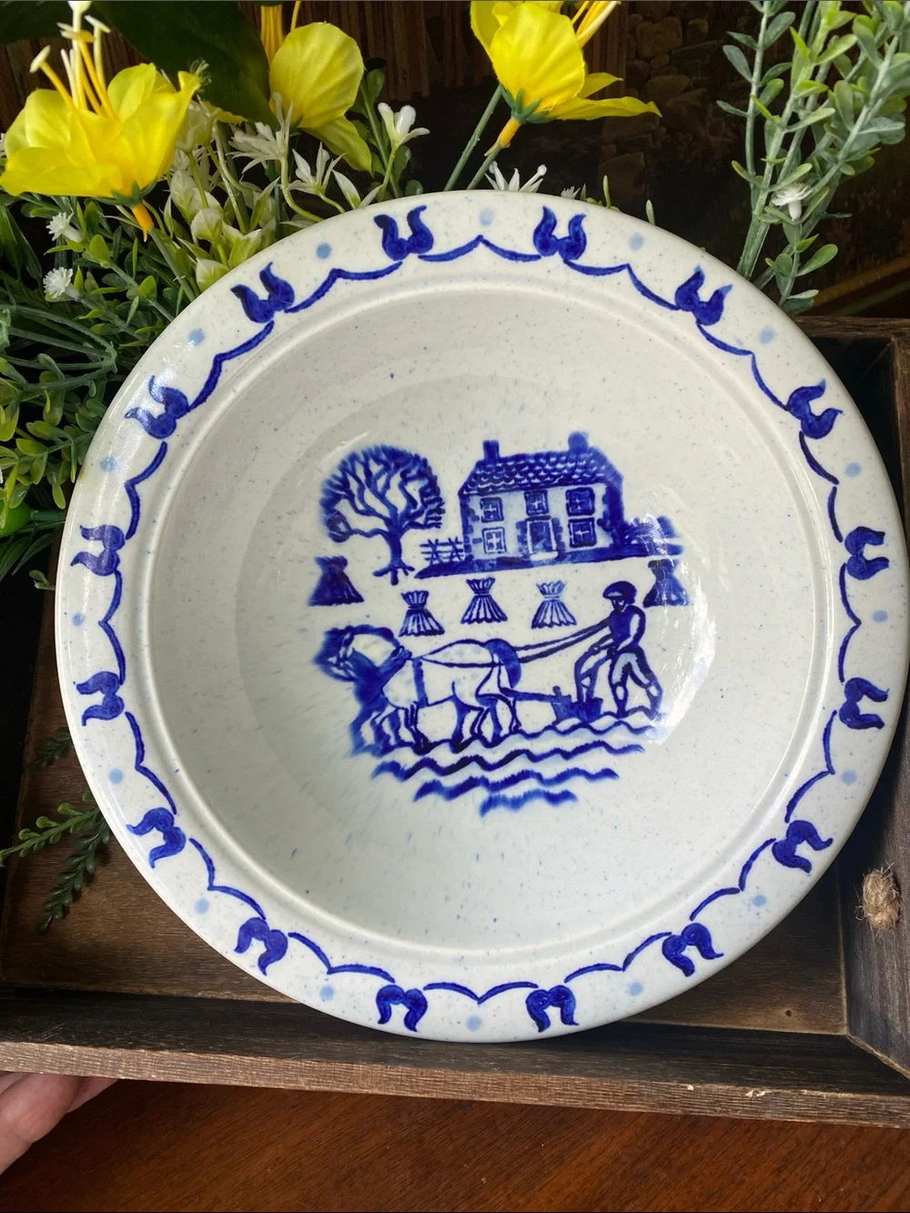 Vintage Metlox Poppytrail Provincial Blue/White Dinner Bowl Hand-Decorated Scene
